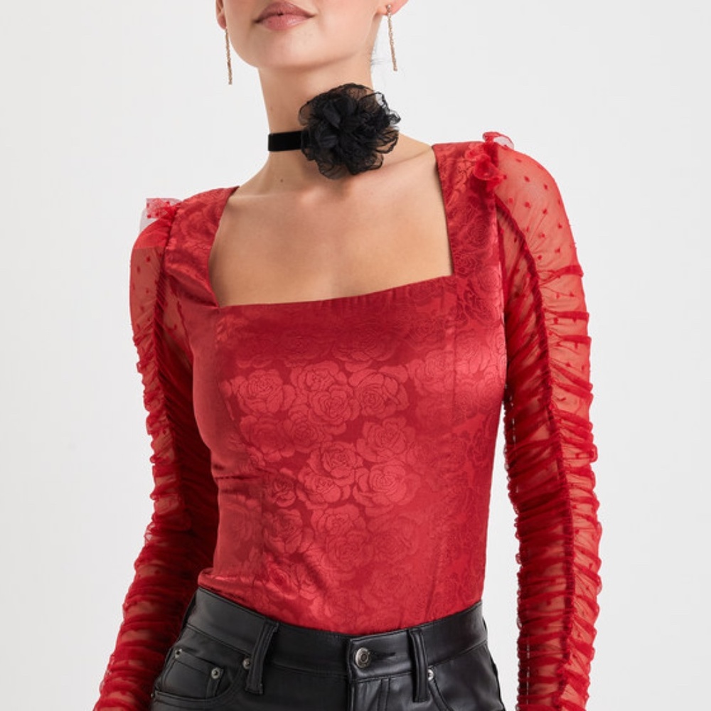 Lulus Romantic Hint Red Satin Floral Jacquard Mesh Ruched Bodysuit - Size S